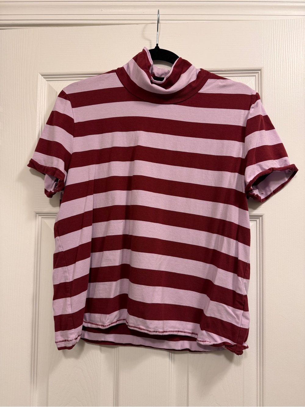 Maeve Pink & Burgundy Striped Mock Neck Tee